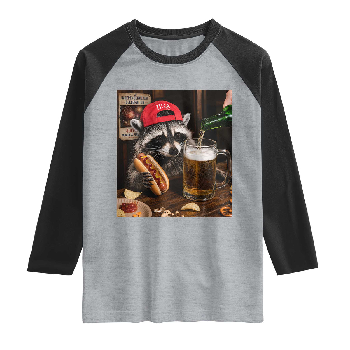 Patriotic USA Raccoon Drinking Beer Raglan Shirt 4th of July Meme
