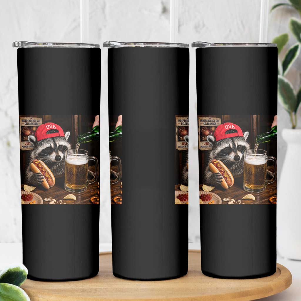 Patriotic USA Raccoon Drinking Beer Skinny Tumbler 4th of July Meme