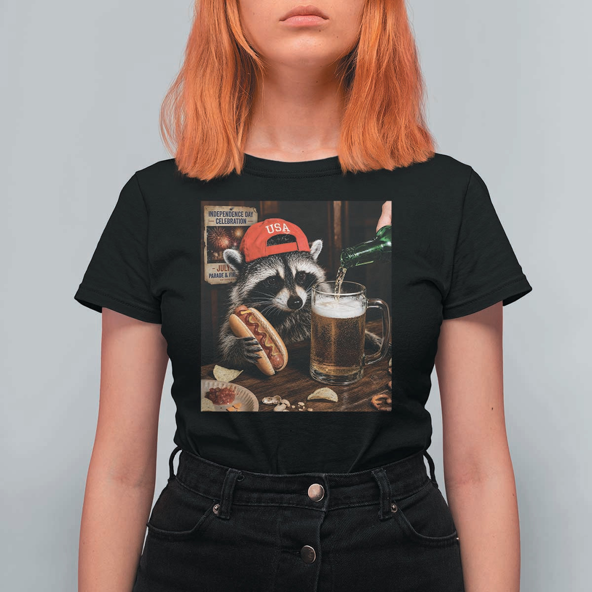 Patriotic USA Raccoon Drinking Beer T Shirt For Women 4th of July Meme