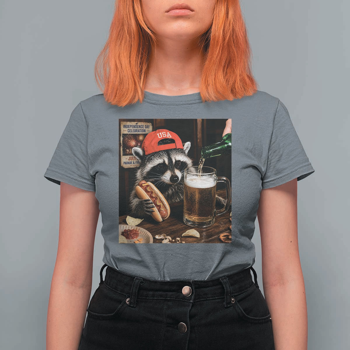 Patriotic USA Raccoon Drinking Beer T Shirt For Women 4th of July Meme