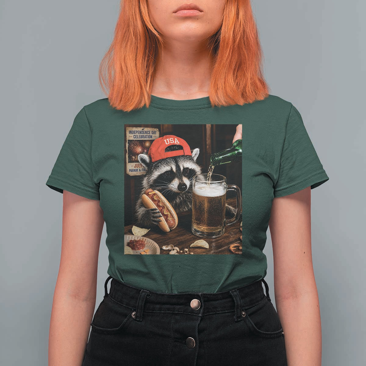 Patriotic USA Raccoon Drinking Beer T Shirt For Women 4th of July Meme