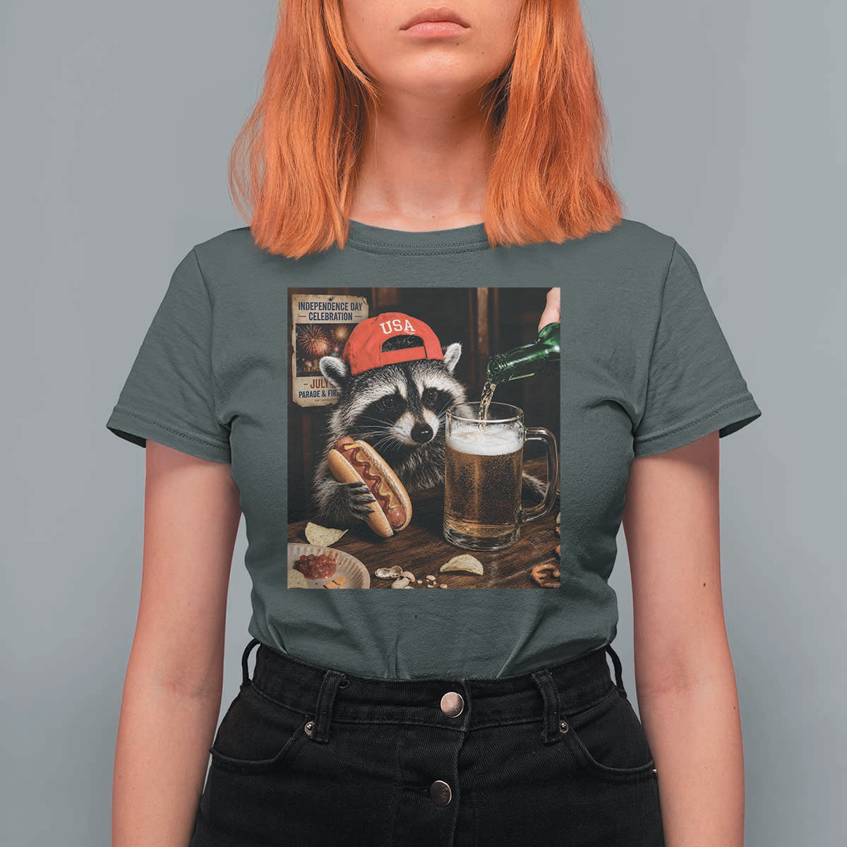 Patriotic USA Raccoon Drinking Beer T Shirt For Women 4th of July Meme