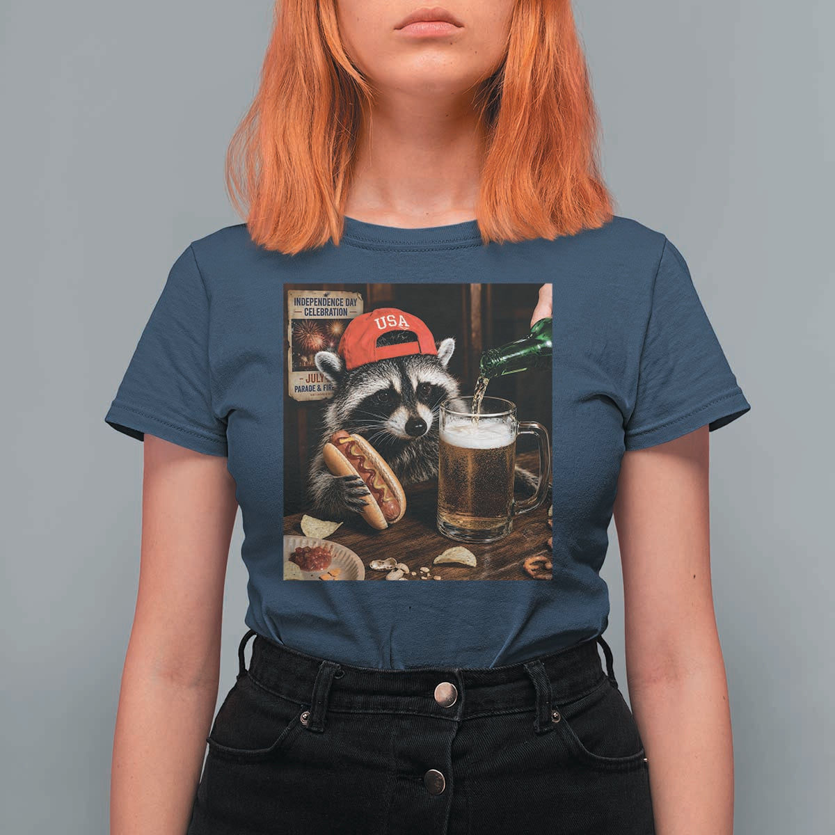 Patriotic USA Raccoon Drinking Beer T Shirt For Women 4th of July Meme