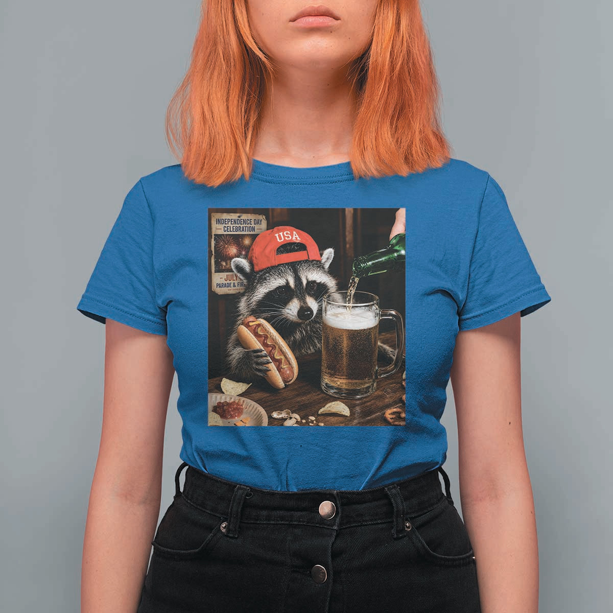 Patriotic USA Raccoon Drinking Beer T Shirt For Women 4th of July Meme