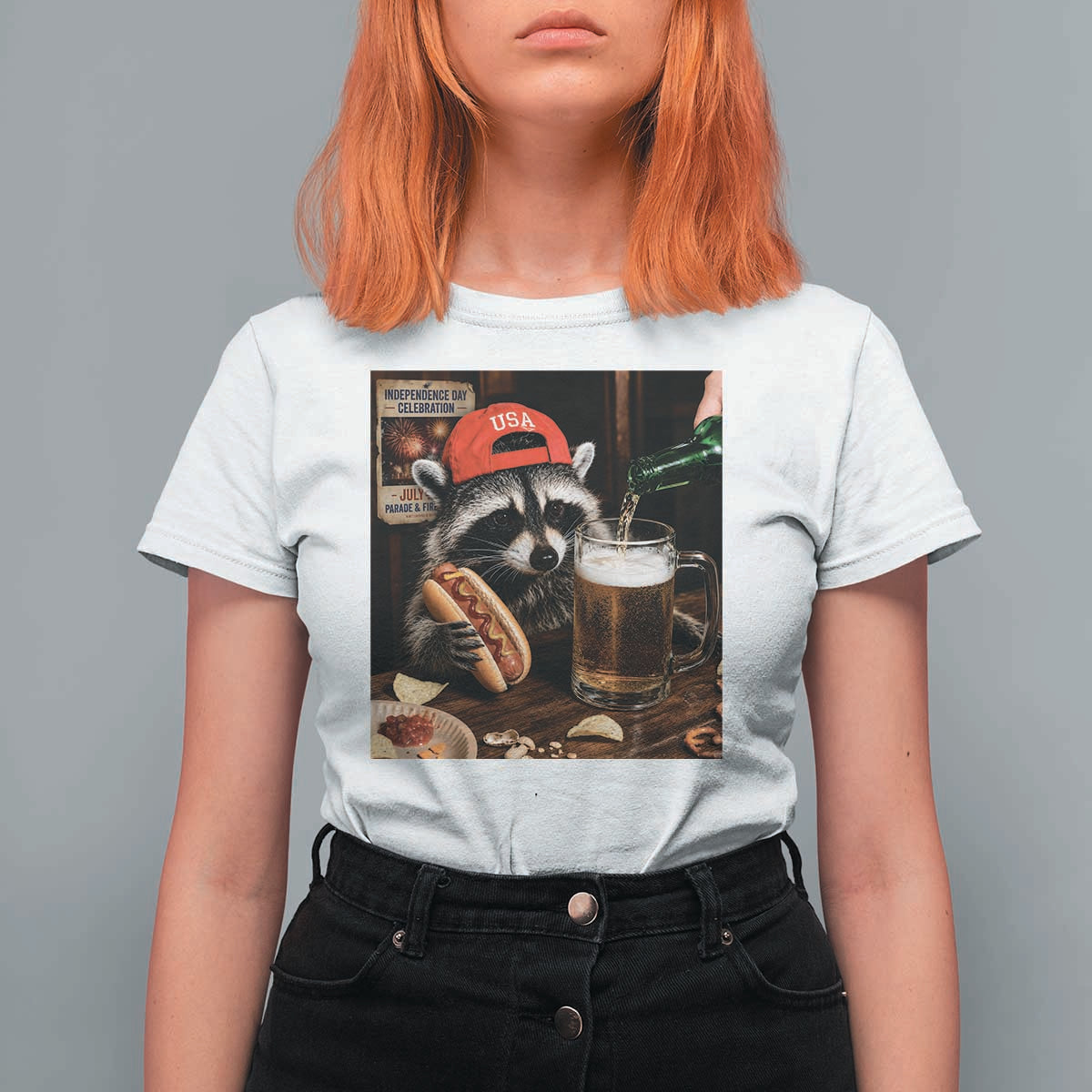Patriotic USA Raccoon Drinking Beer T Shirt For Women 4th of July Meme