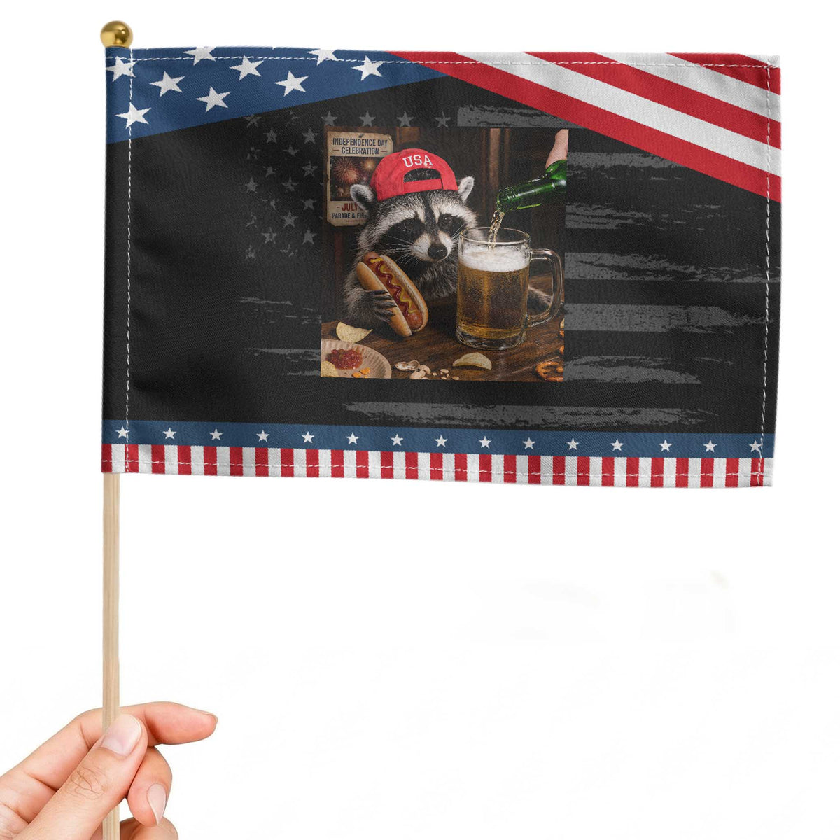 Raccoon Drinking Beer Patriotic Handheld Flag 4th of July Meme