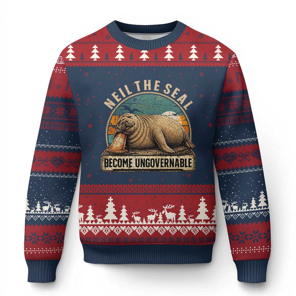 Neil The Seal Become Ungovernable Ugly Christmas Sweater Funny Elephant Seal Meme