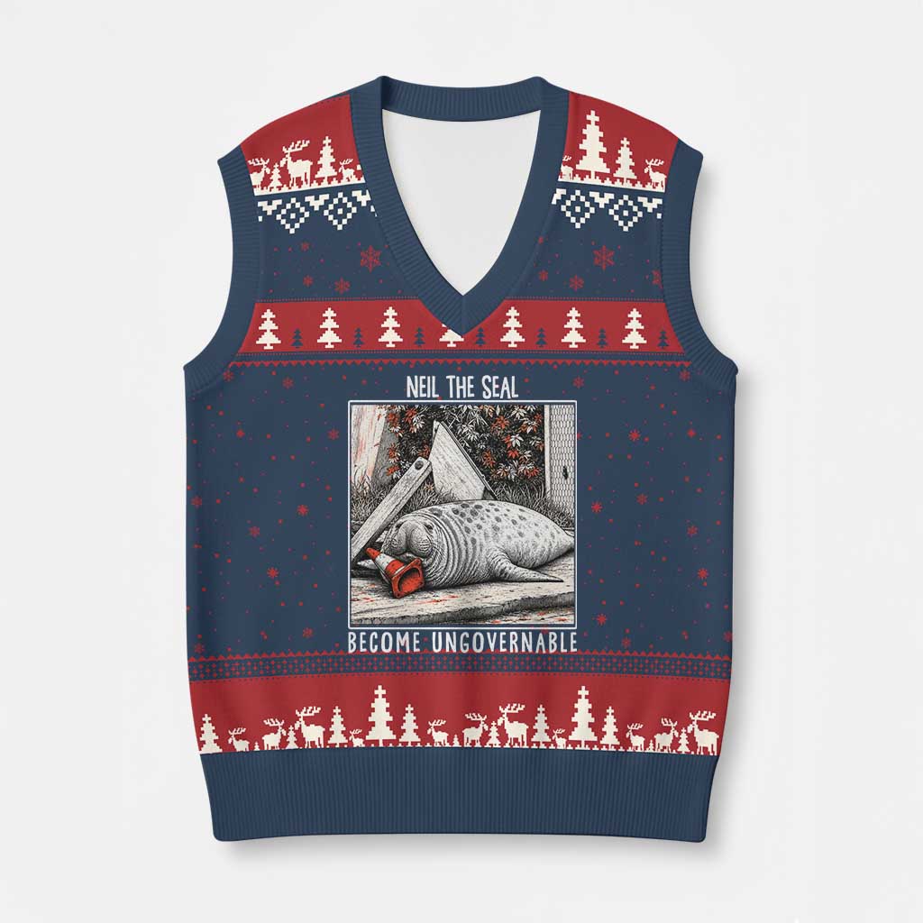 Neil The Seal Become Ungovernable V-Neck Knit Sweater Vest Vintage Elephant Seal Animal Meme