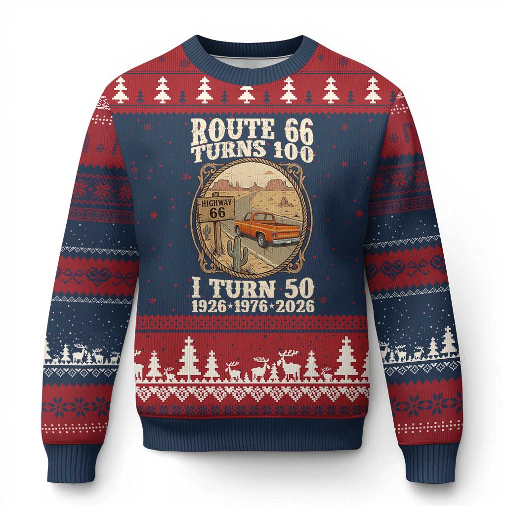Highway 66 Turn 100 I Turn 50 Ugly Christmas Sweater Vintage 100 Years 100 Year Centennial Anniversary Souvenir 1926-2026