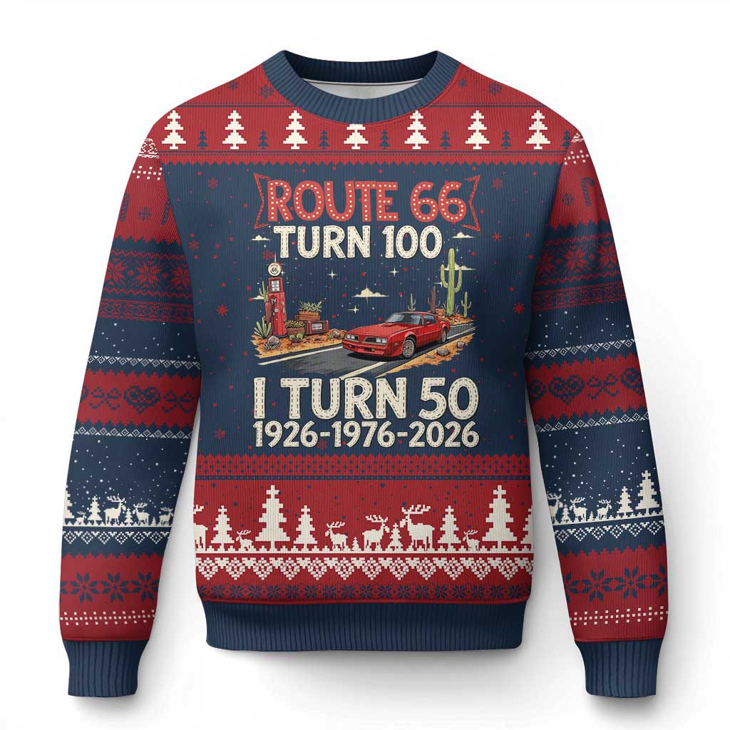 Highway 66 Turn 100 I Turn 50 Ugly Christmas Sweater Vintage 1976 Road Sign Classic Muscle Car Lover 50 Year Old Gift