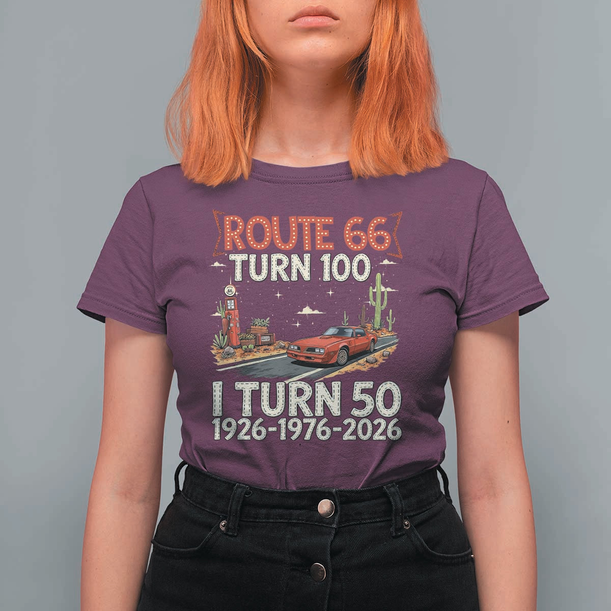 Highway 66 Turn 100 I Turn 50 T Shirt For Women Vintage 1976 Road Sign Classic Muscle Car Lover 50 Year Old Gift
