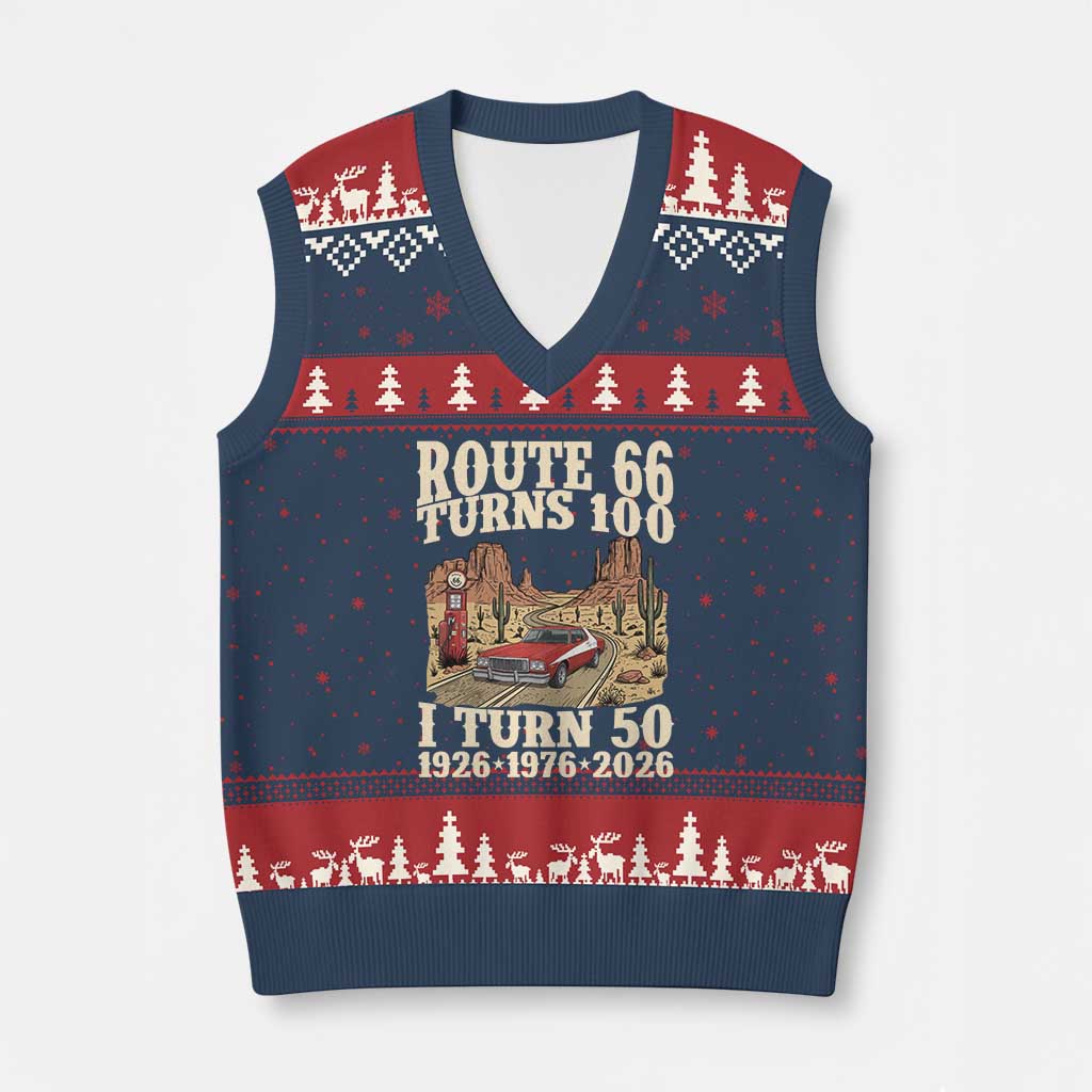 Highway 66 Turn 100 I Turn 50 V-Neck Knit Sweater Vest Vintage 1976 Road Sign American Muscle Car Lover 50 Year Old Gift