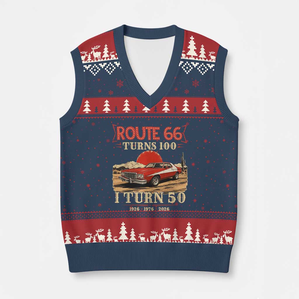Highway 66 Turn 100 I Turn 50 V-Neck Knit Sweater Vest Vintage 1976 Road Sign Classic Muscle Car Lover 50th Birthday Gift