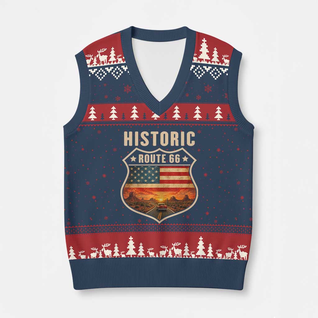 Historic Highway 66 V-Neck Knit Sweater Vest Vintage American Road Sign Americana Road Trip