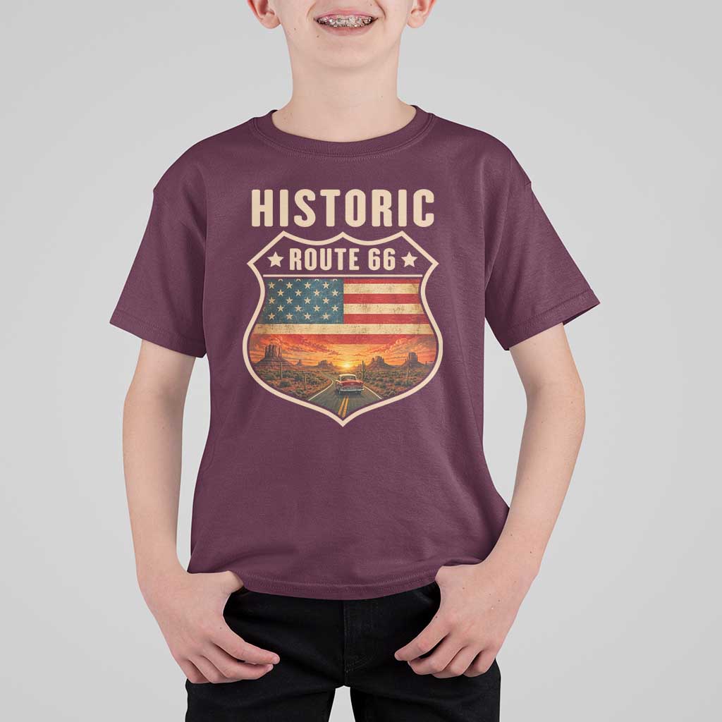 Historic Highway 66 T Shirt For Kid Vintage American Road Sign Americana Road Trip