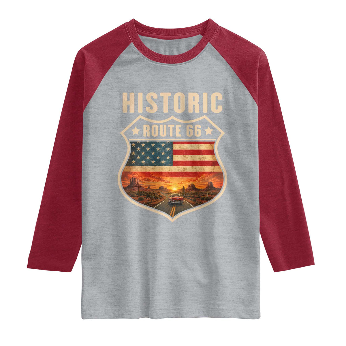 Historic Highway 66 Raglan Shirt Vintage American Road Sign Americana Road Trip