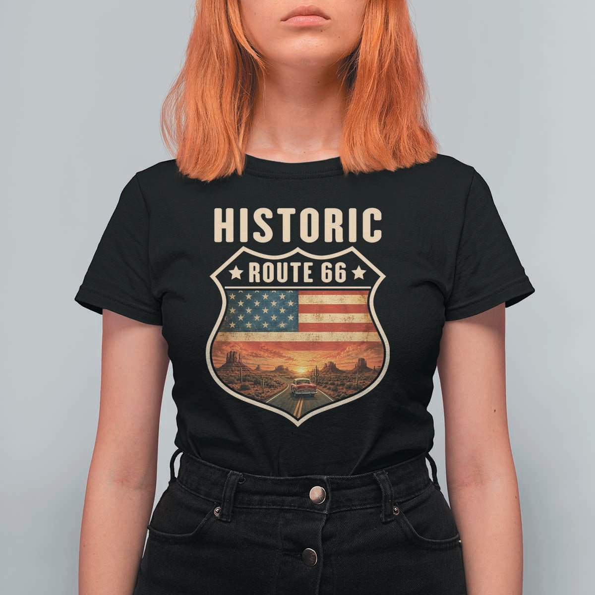 Historic Highway 66 T Shirt For Women Vintage American Road Sign Americana Road Trip