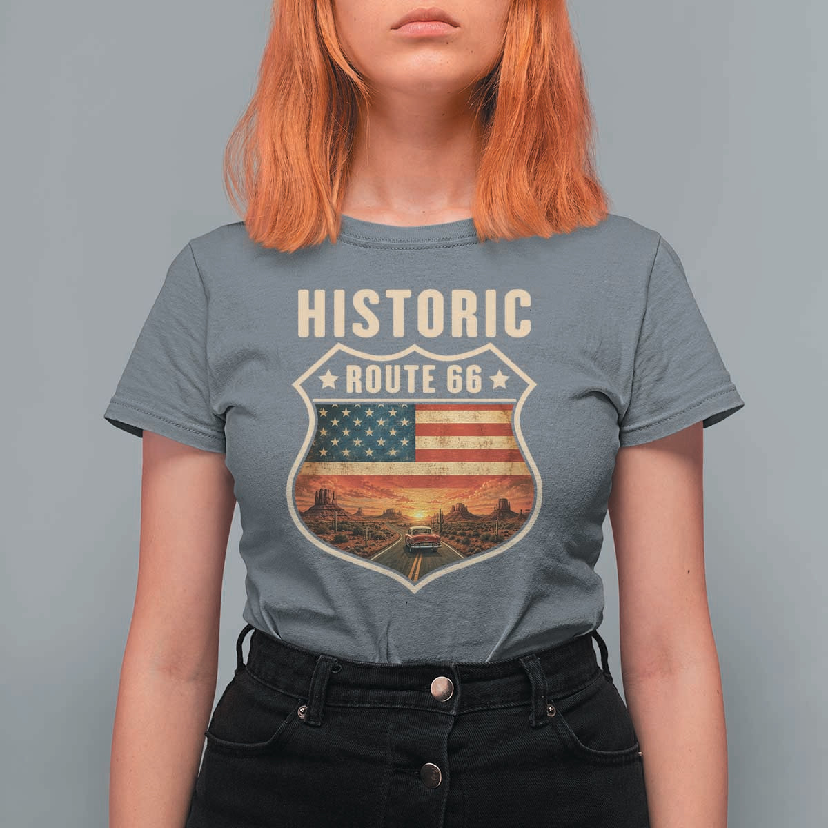 Historic Highway 66 T Shirt For Women Vintage American Road Sign Americana Road Trip