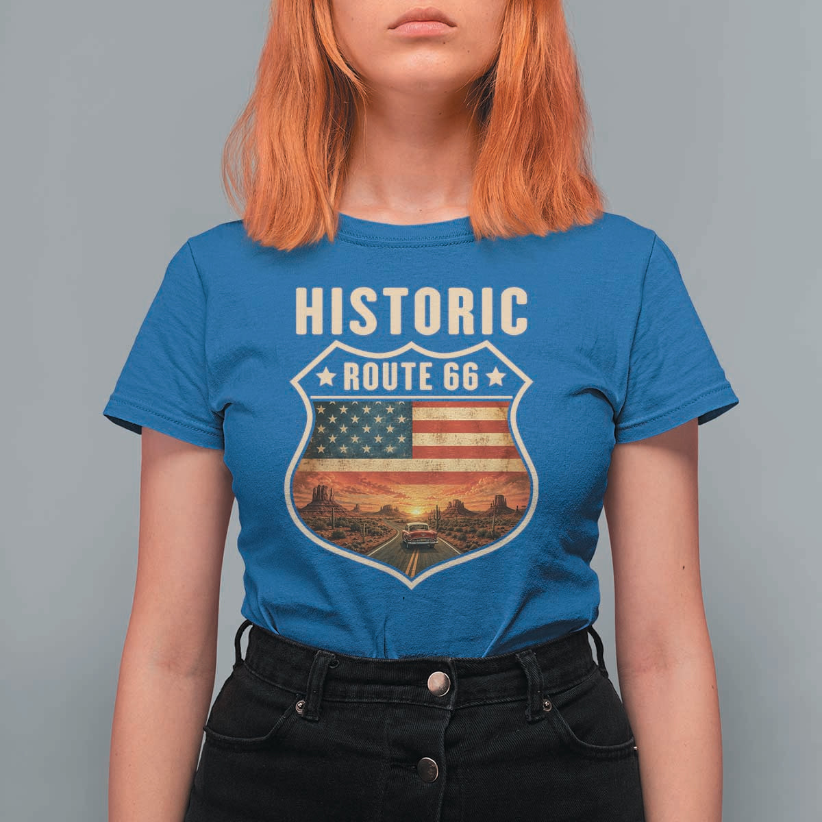 Historic Highway 66 T Shirt For Women Vintage American Road Sign Americana Road Trip
