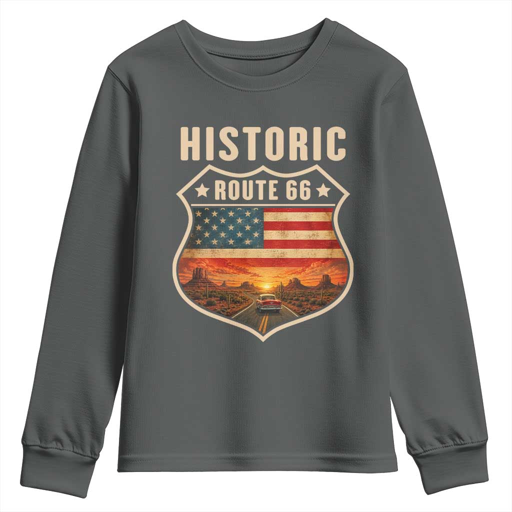 Historic Highway 66 Youth Sweatshirt Vintage American Road Sign Americana Road Trip