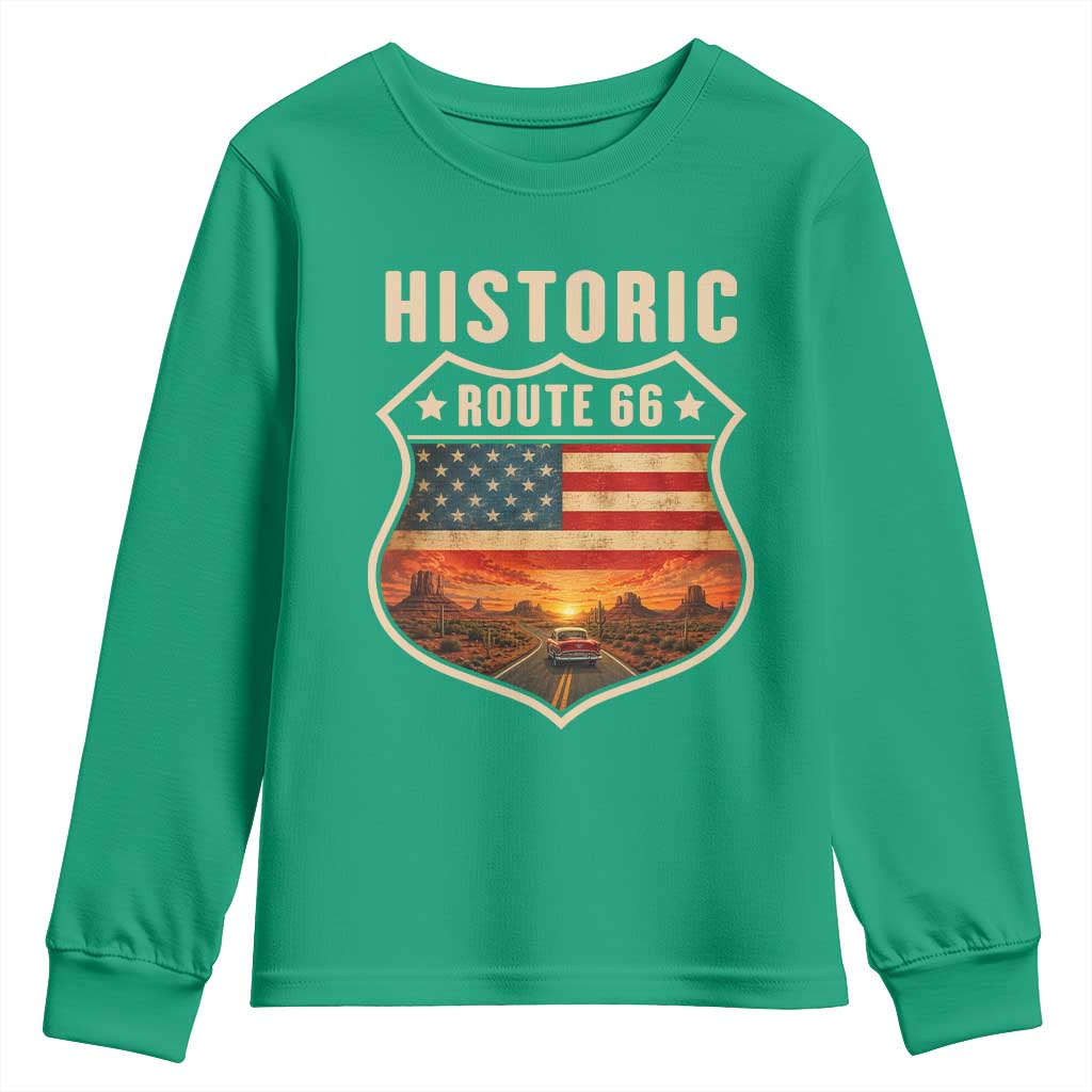 Historic Highway 66 Youth Sweatshirt Vintage American Road Sign Americana Road Trip
