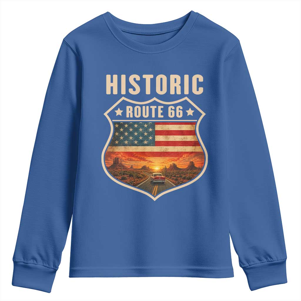 Historic Highway 66 Youth Sweatshirt Vintage American Road Sign Americana Road Trip