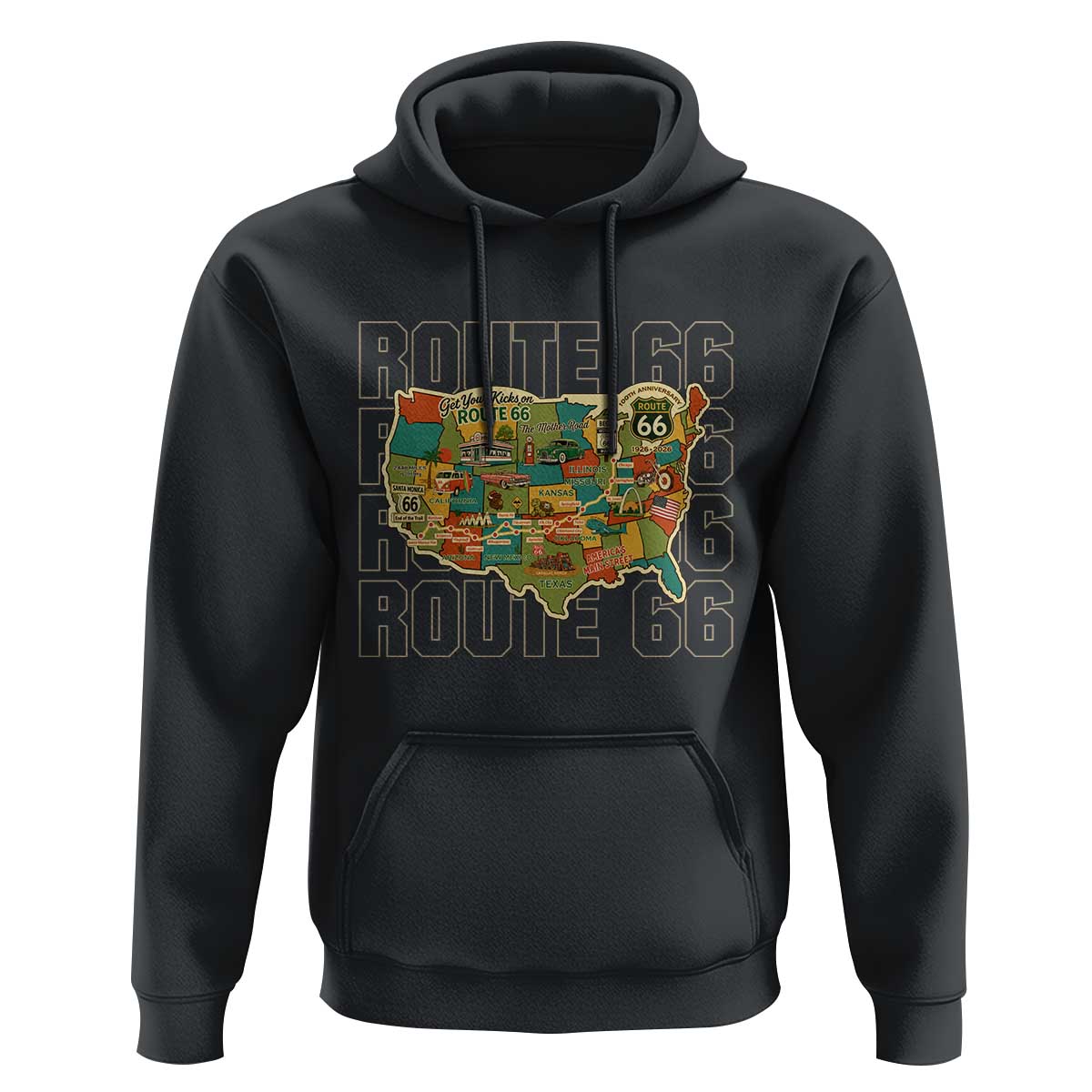 Highway 66 Travel Map 100th Anniversary 1926-2026 Hoodie Vintage Americana Centennial Road Trip Souvenir