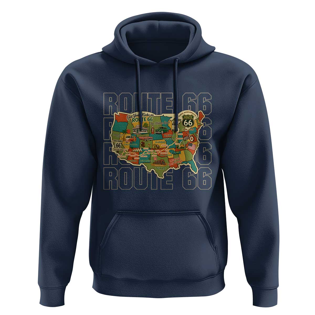 Highway 66 Travel Map 100th Anniversary 1926-2026 Hoodie Vintage Americana Centennial Road Trip Souvenir