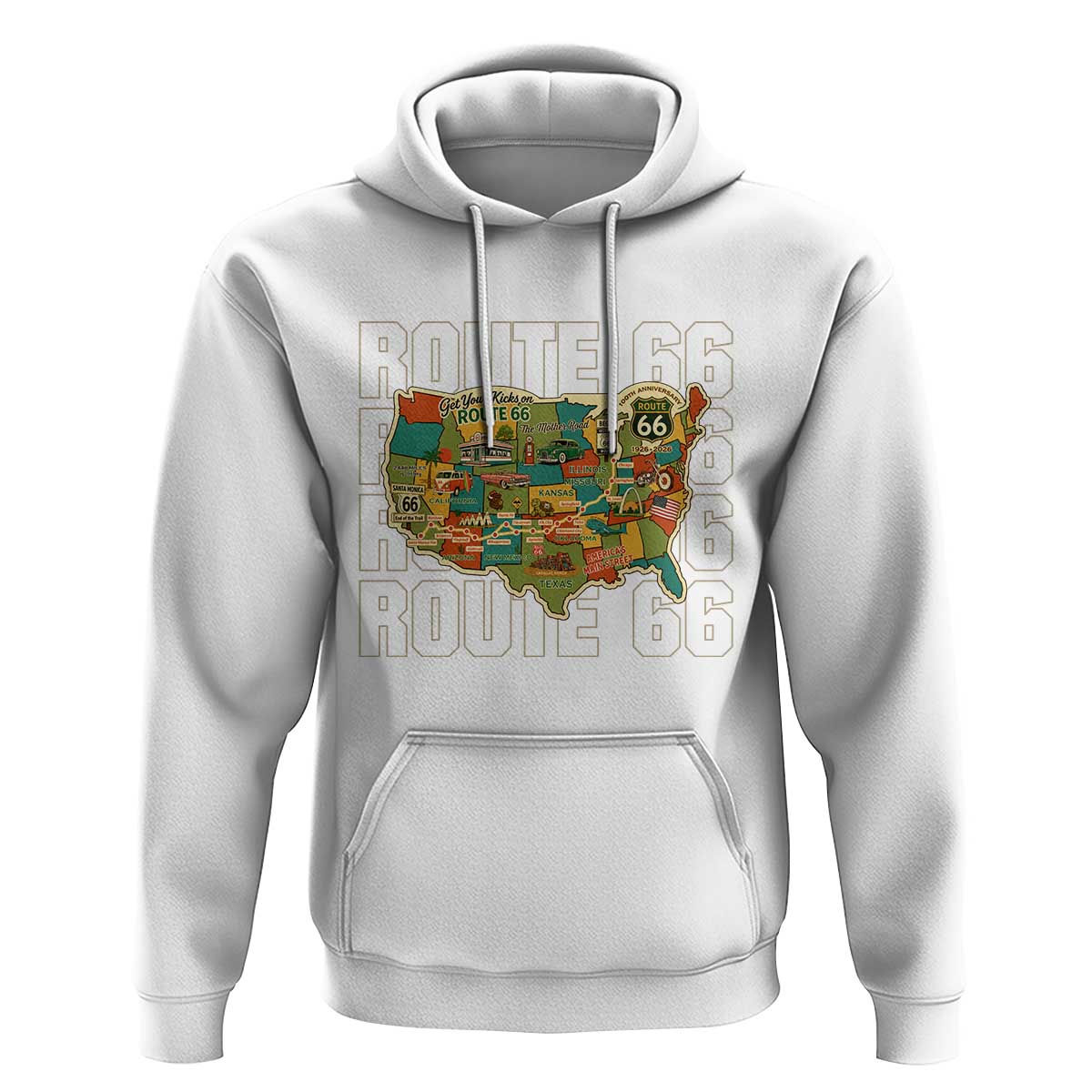 Highway 66 Travel Map 100th Anniversary 1926-2026 Hoodie Vintage Americana Centennial Road Trip Souvenir