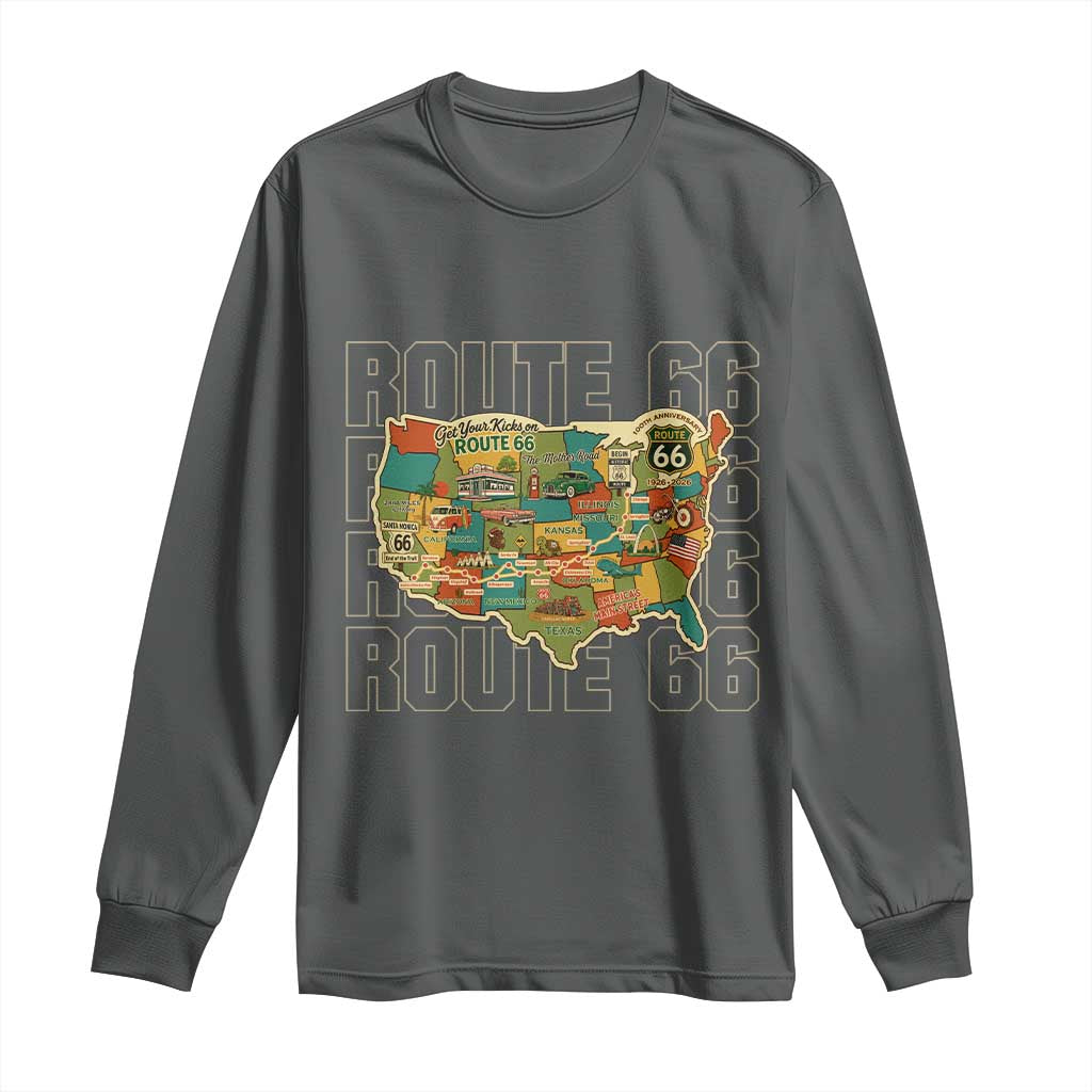 Highway 66 Travel Map 100th Anniversary 1926-2026 Long Sleeve Shirt Vintage Americana Centennial Road Trip Souvenir
