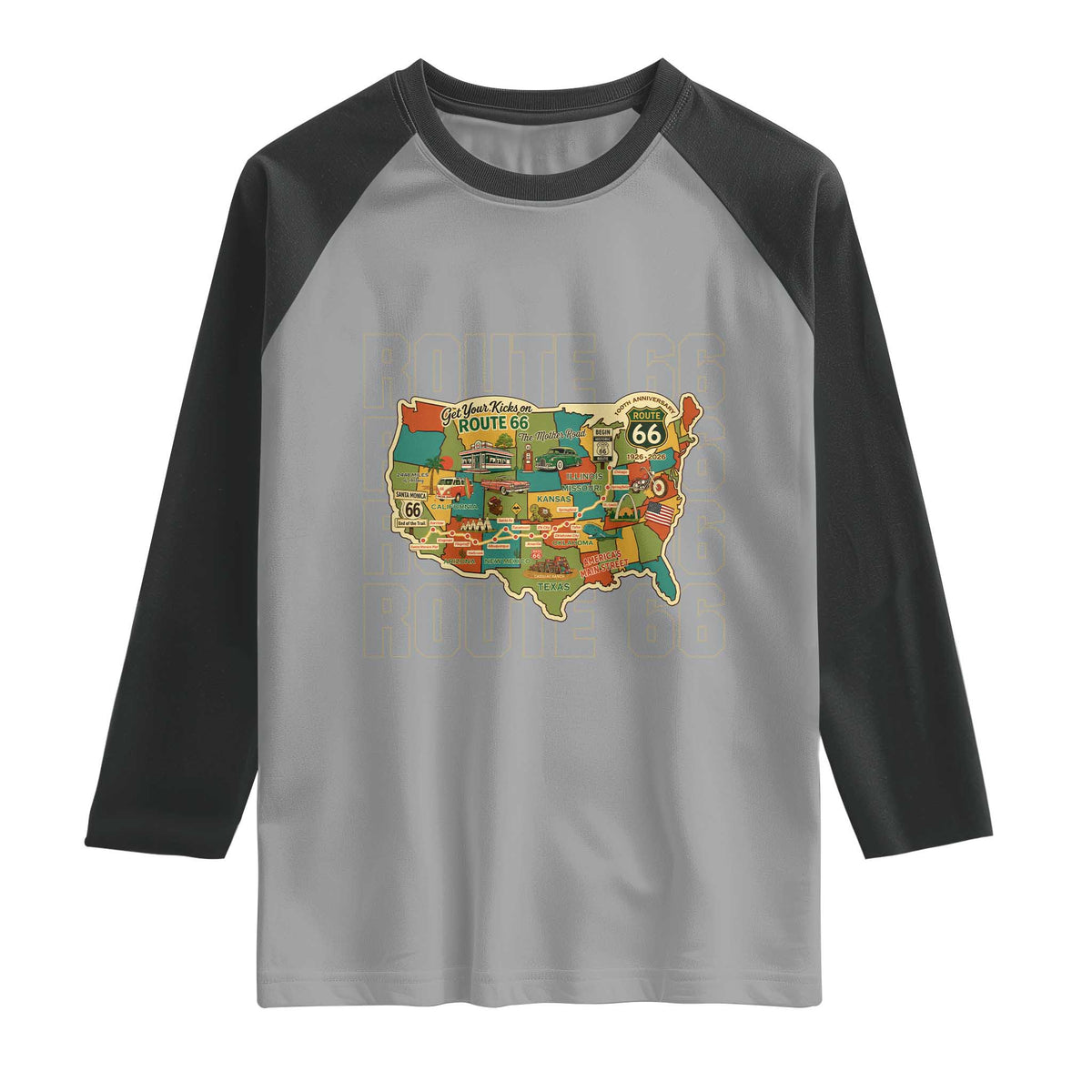 Highway 66 Travel Map 100th Anniversary 1926-2026 Raglan Shirt Vintage Americana Centennial Road Trip Souvenir