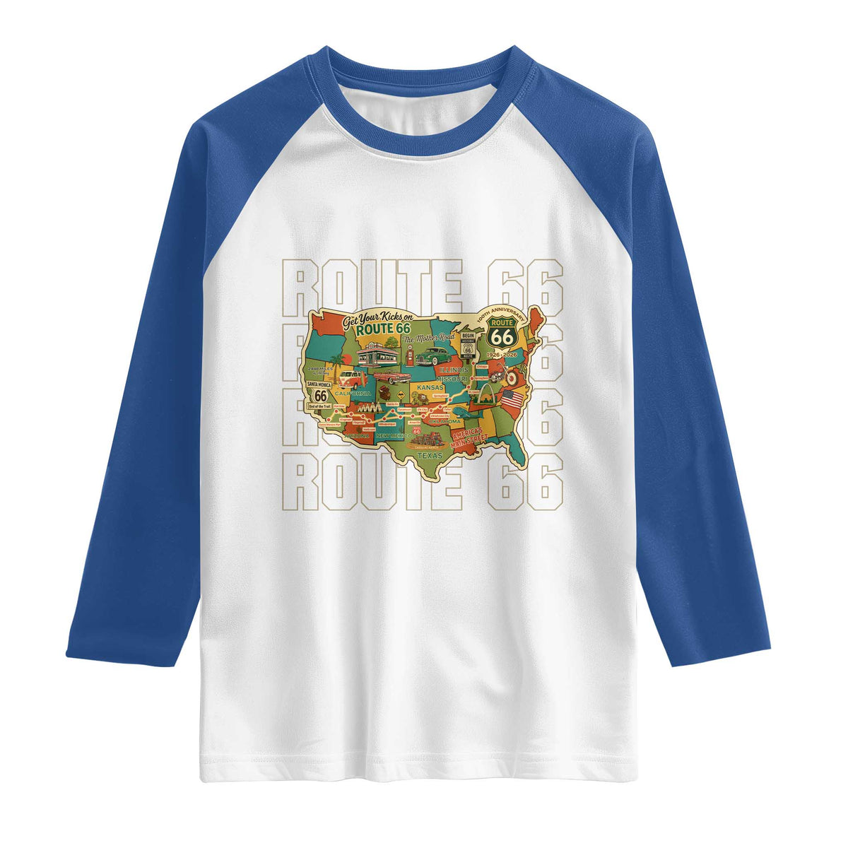 Highway 66 Travel Map 100th Anniversary 1926-2026 Raglan Shirt Vintage Americana Centennial Road Trip Souvenir