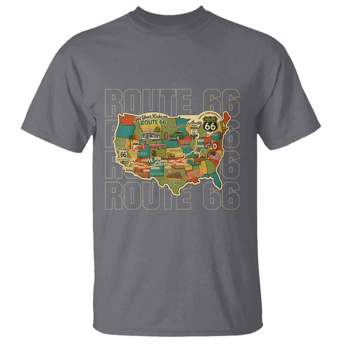Highway 66 Travel Map 100th Anniversary 1926-2026 T Shirt Vintage Americana Centennial Road Trip Souvenir