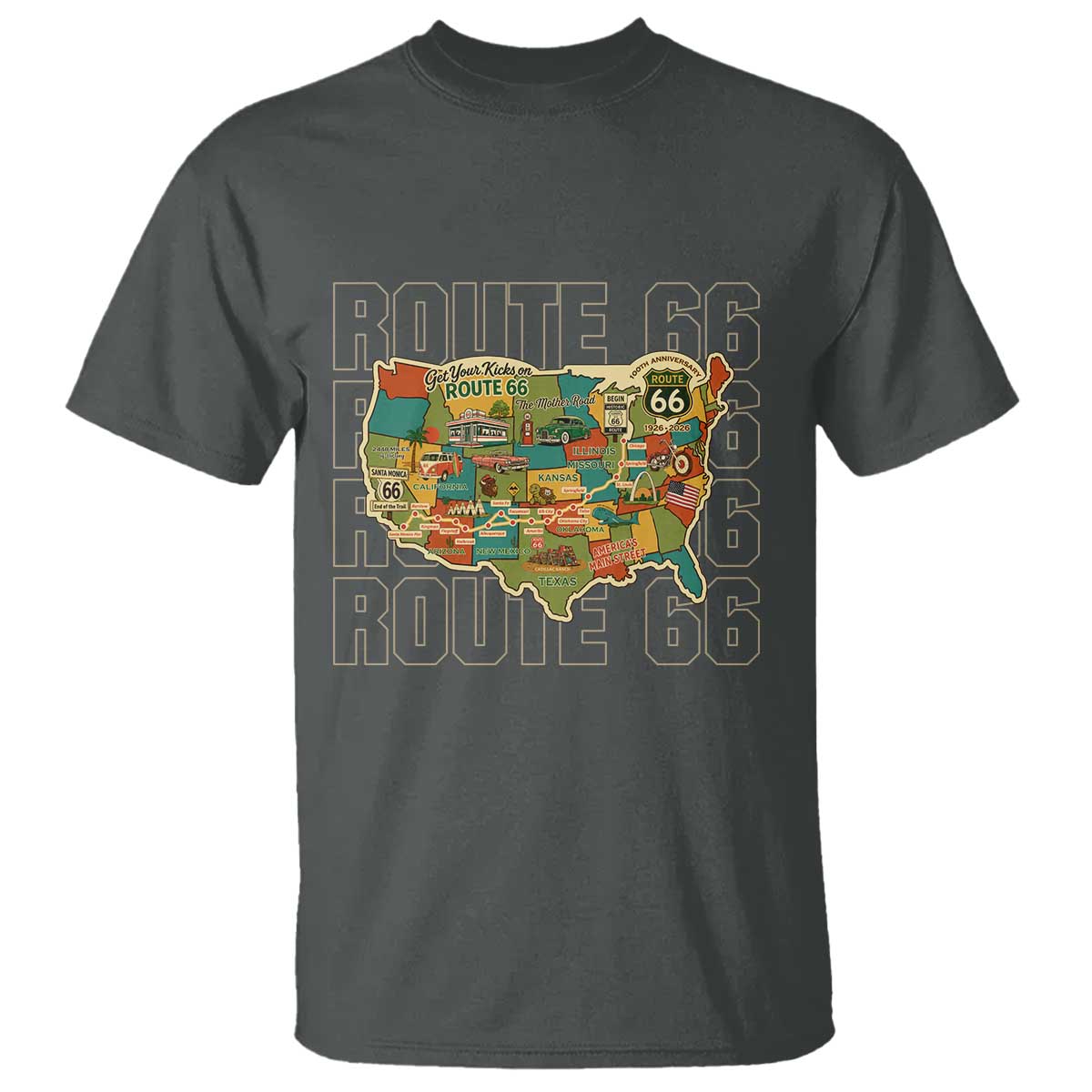 Highway 66 Travel Map 100th Anniversary 1926-2026 T Shirt Vintage Americana Centennial Road Trip Souvenir