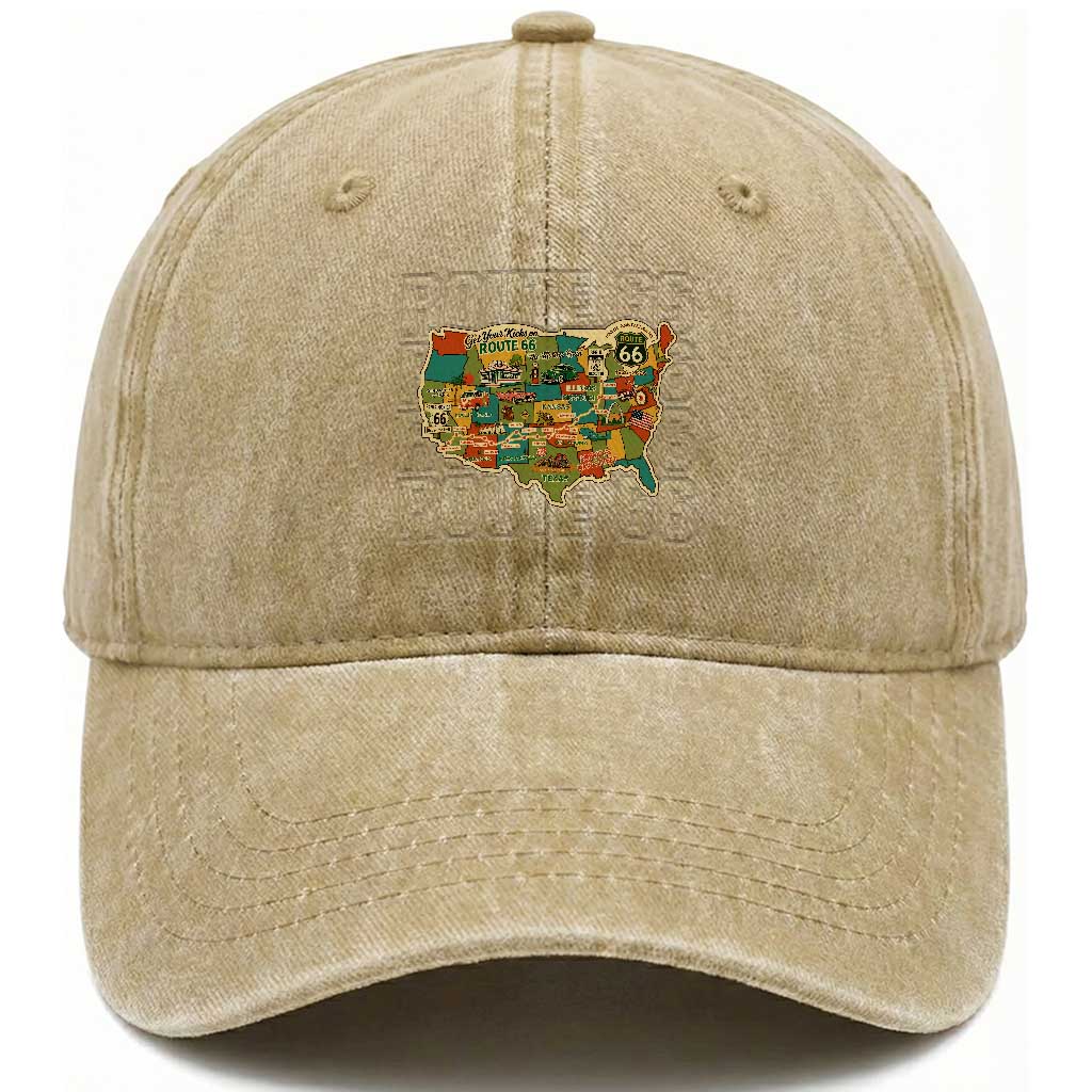 Highway 66 Travel Map 100th Anniversary 1926-2026 Washed Cotton Baseball Cap Vintage Americana Centennial Road Trip Souvenir