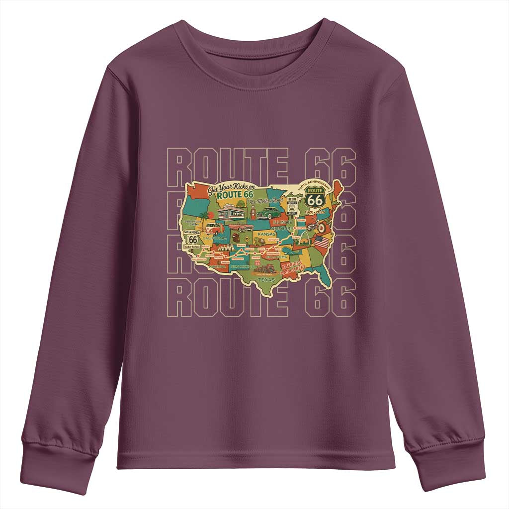 Highway 66 Travel Map 100th Anniversary 1926-2026 Youth Sweatshirt Vintage Americana Centennial Road Trip Souvenir