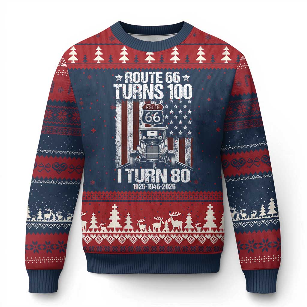 Route Highway 66 Turns 100 I Turn 80 Ugly Christmas Sweater Vintage 1946 America Road Sign America Antique Car Lover 80th Birthday Gift