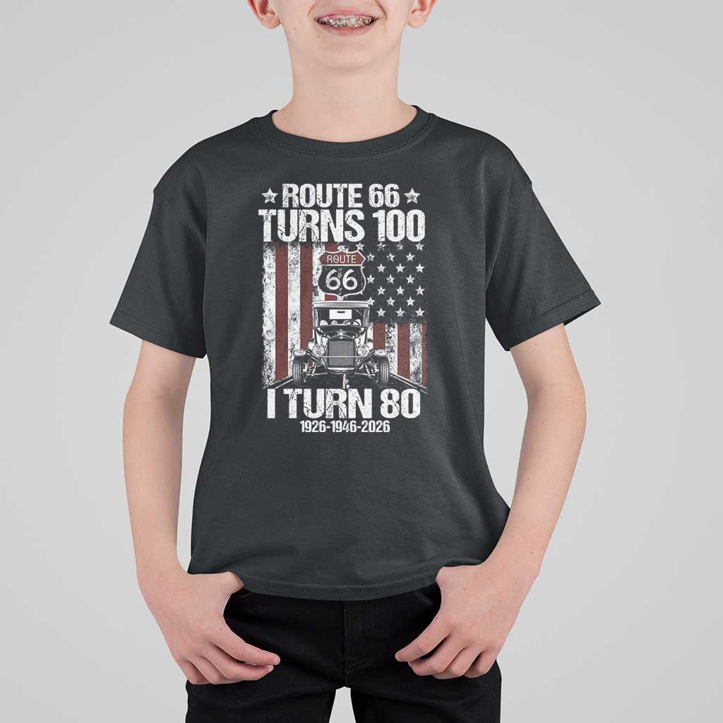 Route Highway 66 Turns 100 I Turn 80 T Shirt For Kid Vintage 1946 America Road Sign America Antique Car Lover 80th Birthday Gift