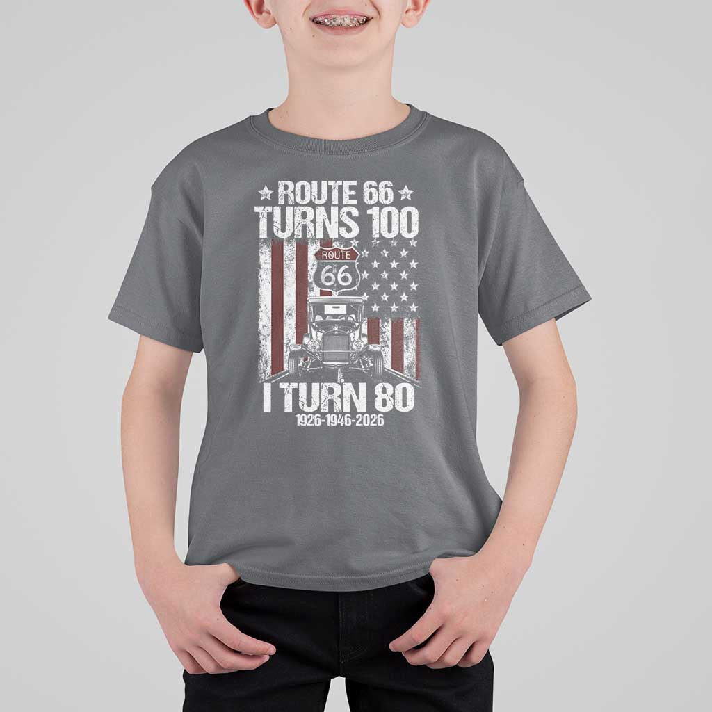 Route Highway 66 Turns 100 I Turn 80 T Shirt For Kid Vintage 1946 America Road Sign America Antique Car Lover 80th Birthday Gift