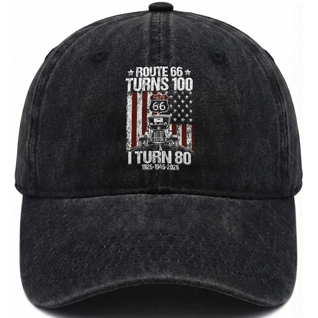 Route Highway 66 Turns 100 I Turn 80 Washed Cotton Baseball Cap Vintage 1946 America Road Sign America Antique Car Lover 80th Birthday Gift