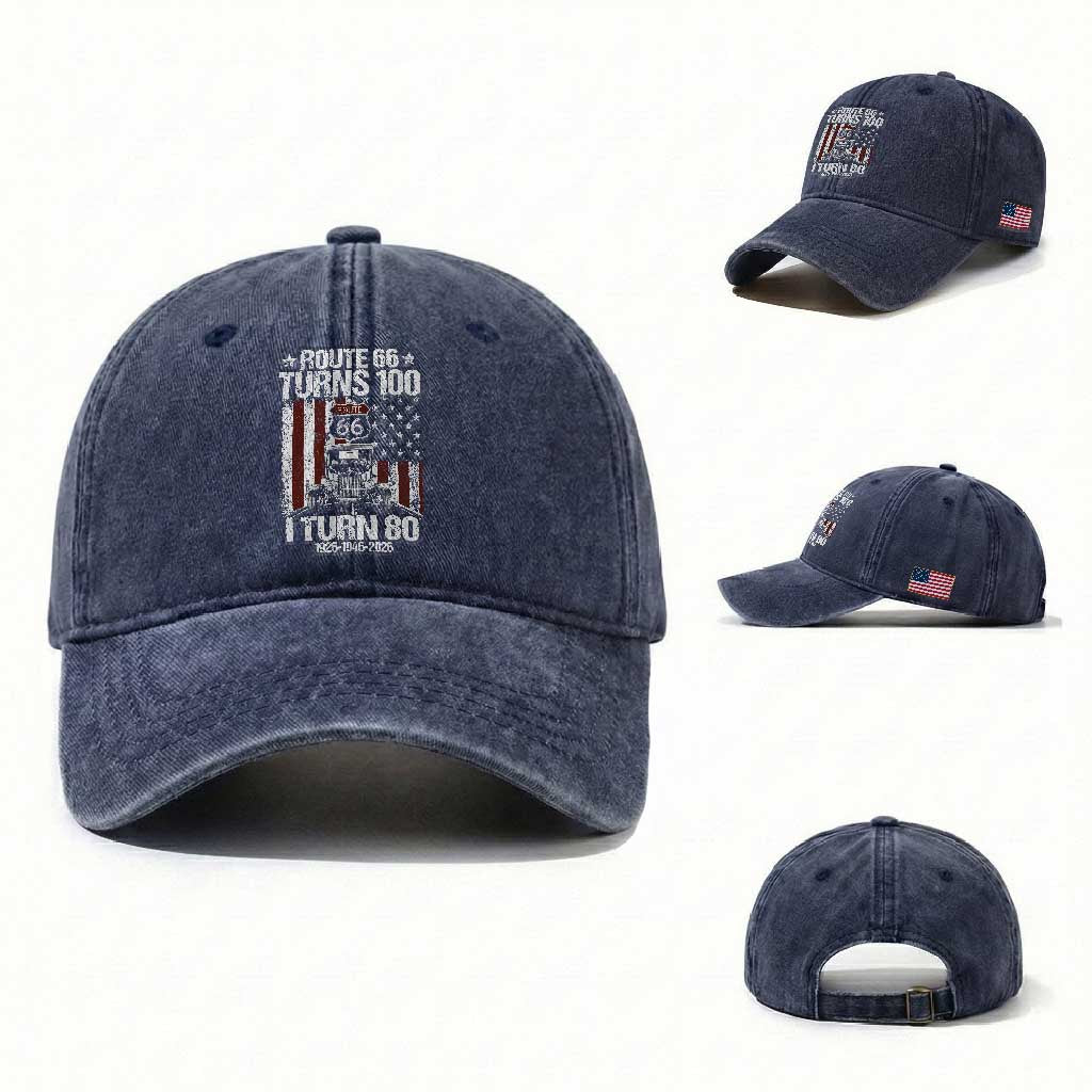 Route Highway 66 Turns 100 I Turn 80 Washed Cotton Baseball Cap Vintage 1946 America Road Sign America Antique Car Lover 80th Birthday Gift