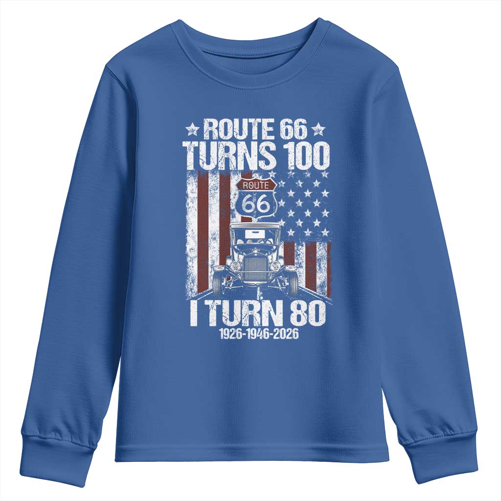 Route Highway 66 Turns 100 I Turn 80 Youth Sweatshirt Vintage 1946 America Road Sign America Antique Car Lover 80th Birthday Gift