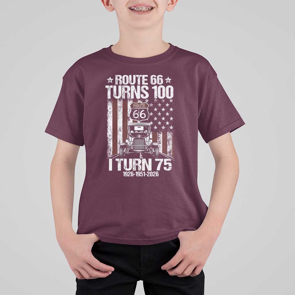 Route Highway 66 Turns 100 I Turn 75 T Shirt For Kid Vintage 1951 America Road Sign America Antique Car Lover 75th Birthday Gift