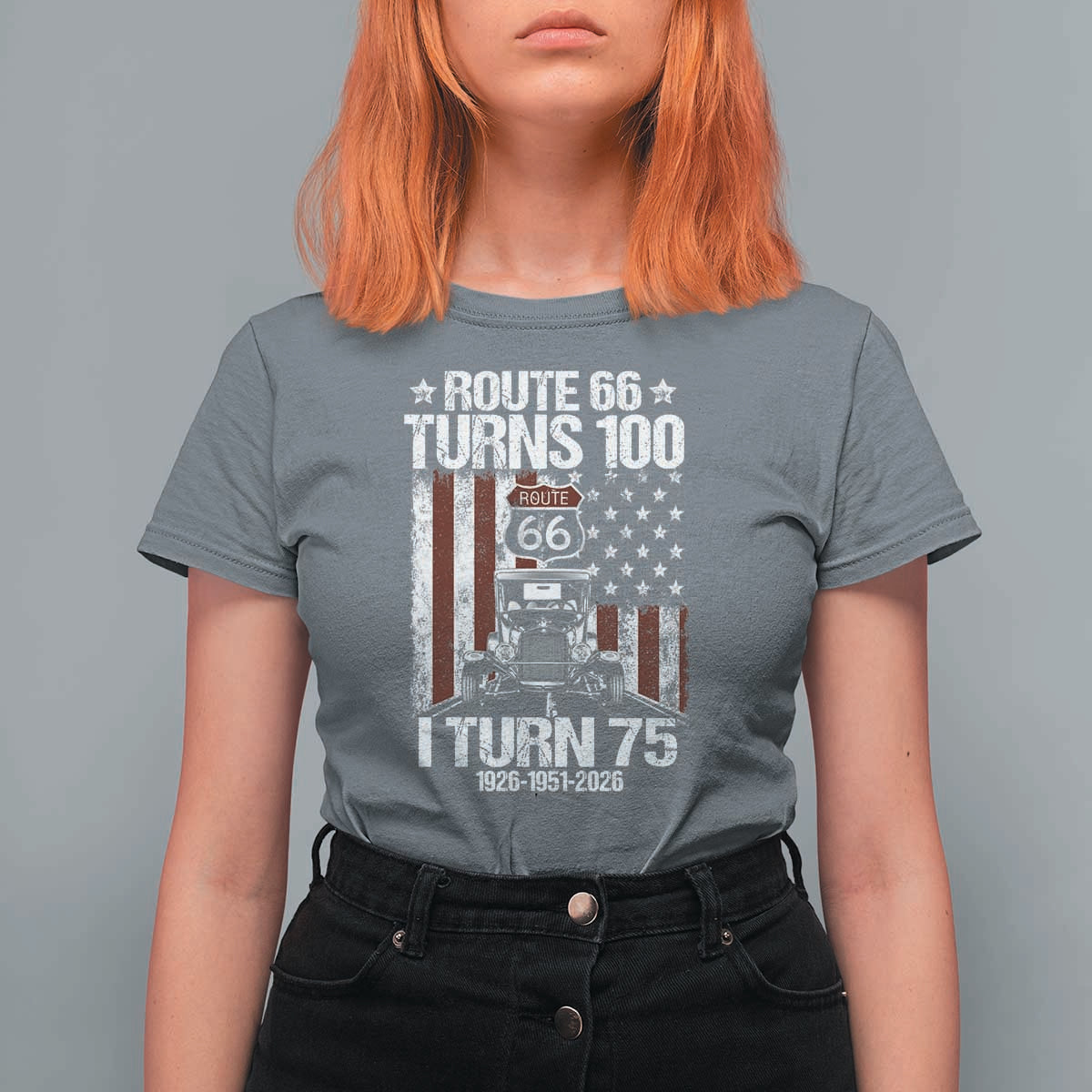 Route Highway 66 Turns 100 I Turn 75 T Shirt For Women Vintage 1951 America Road Sign America Antique Car Lover 75th Birthday Gift