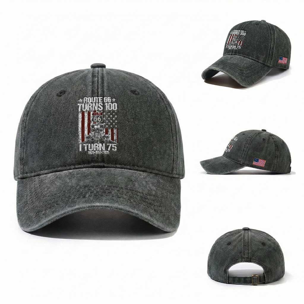 Route Highway 66 Turns 100 I Turn 75 Washed Cotton Baseball Cap Vintage 1951 America Road Sign America Antique Car Lover 75th Birthday Gift