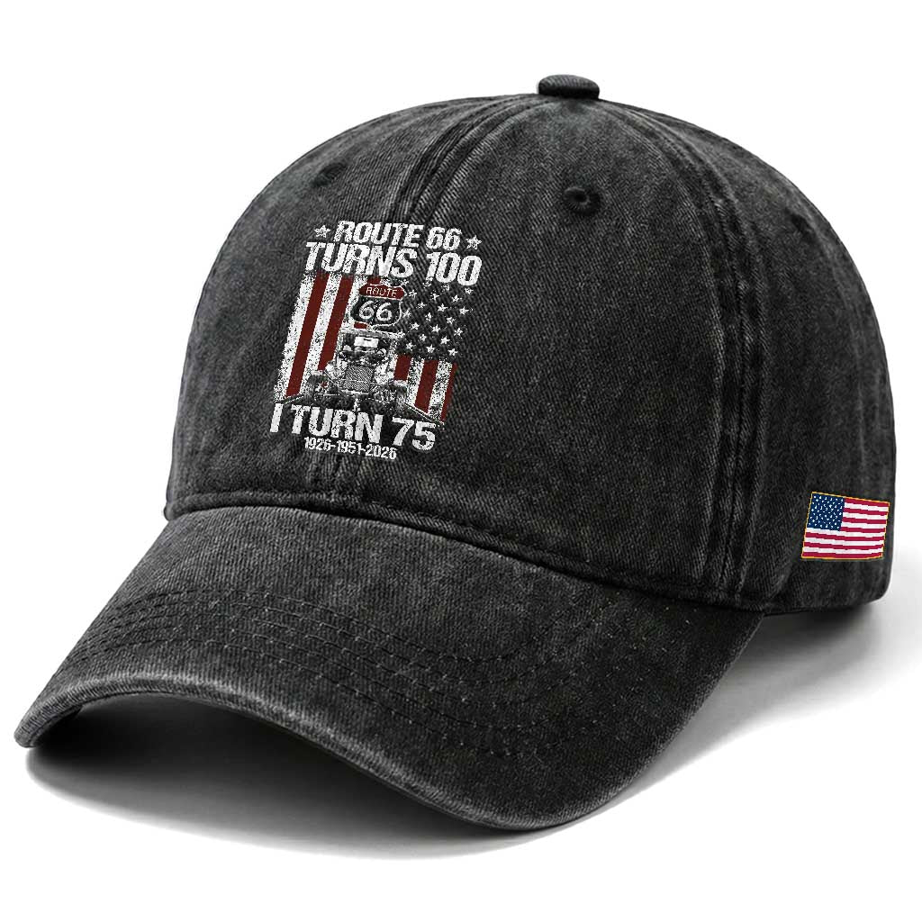 Route Highway 66 Turns 100 I Turn 75 Washed Cotton Baseball Cap Vintage 1951 America Road Sign America Antique Car Lover 75th Birthday Gift