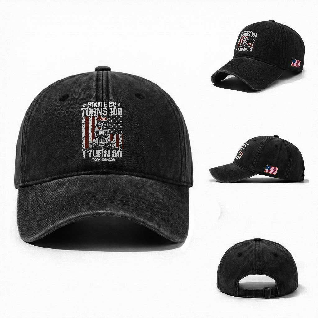 Route Highway 66 Turns 100 I Turn 60 Washed Cotton Baseball Cap Vintage 1966 America Road Sign America Antique Car Lover 60th Birthday Gift