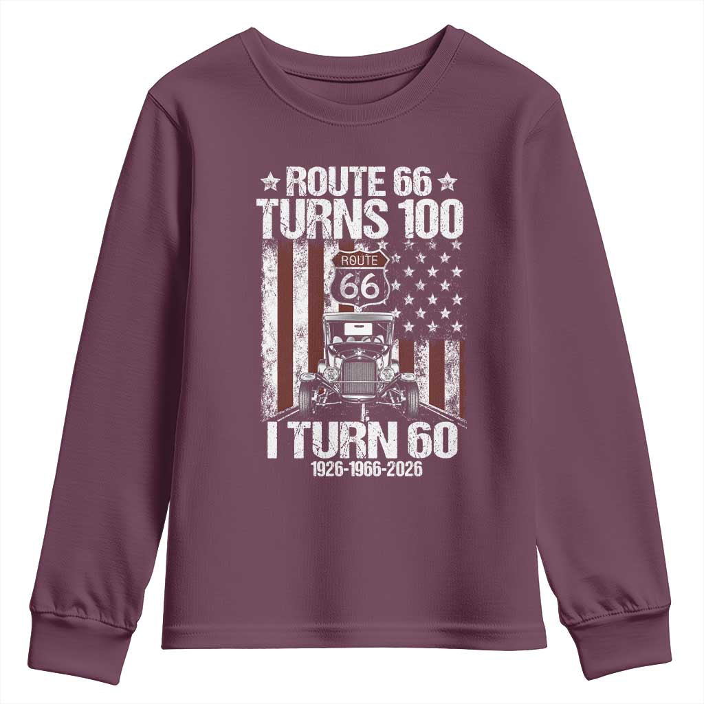 Route Highway 66 Turns 100 I Turn 60 Youth Sweatshirt Vintage 1966 America Road Sign America Antique Car Lover 60th Birthday Gift