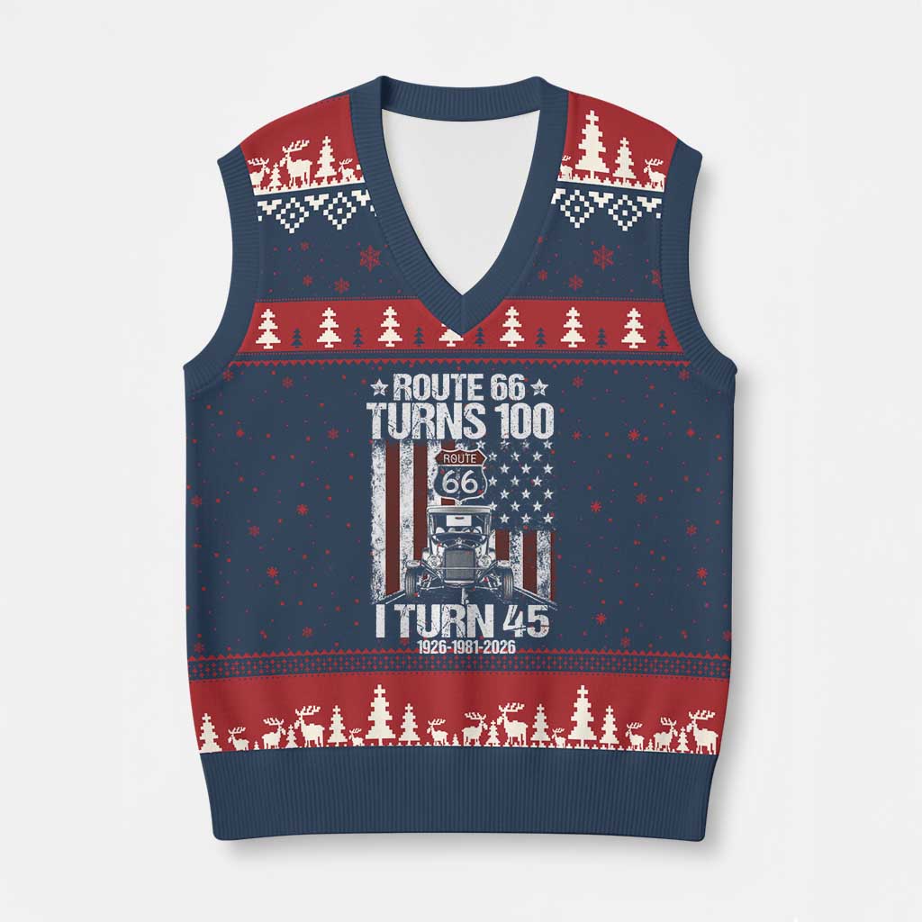 Route Highway 66 Turns 100 I Turn 45 V-Neck Knit Sweater Vest Vintage 1981 America Road Sign America Antique Car Lover 45th Birthday Gift