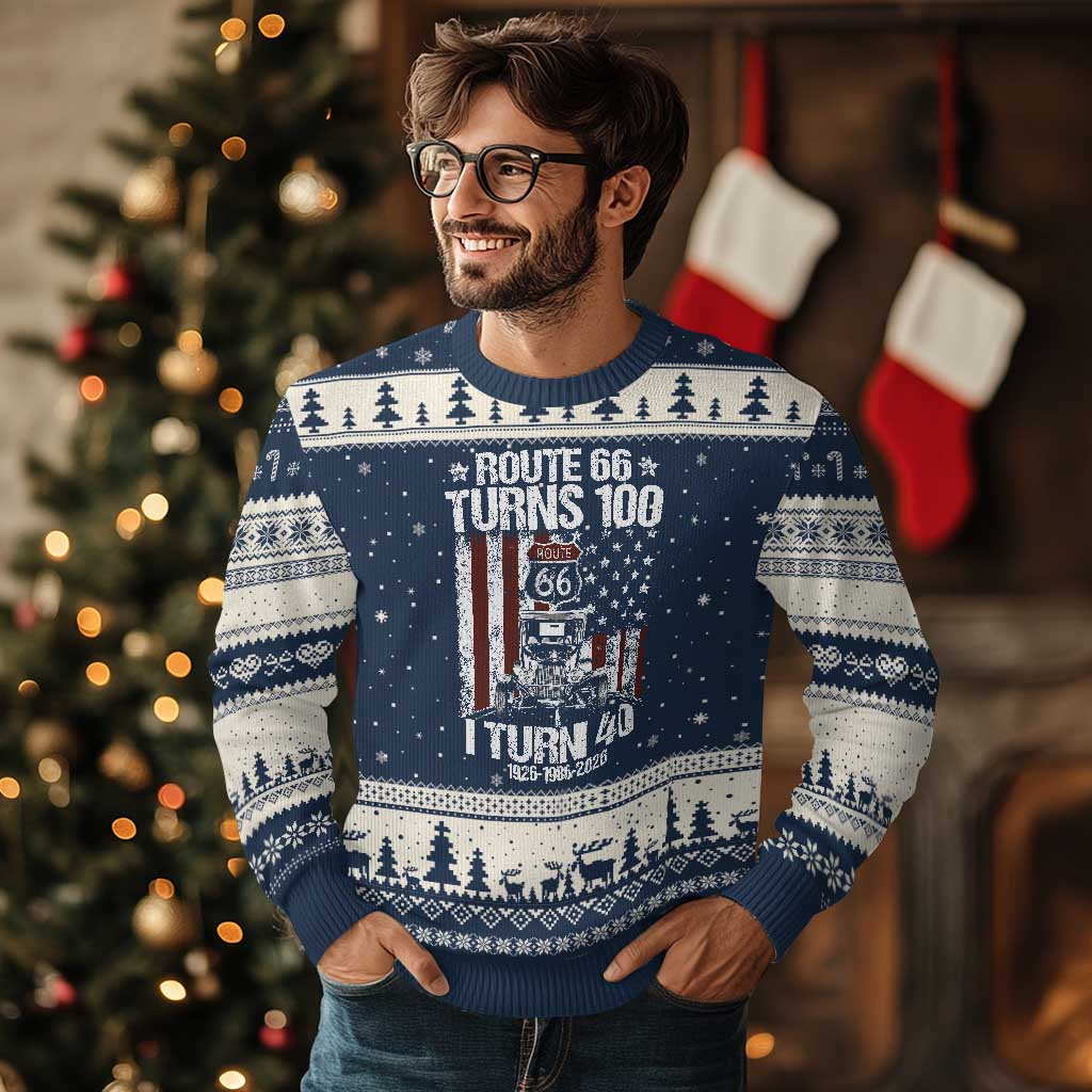 Route Highway 66 Turns 100 I Turn 40 Ugly Christmas Sweater Vintage 1986 America Road Sign America Antique Car Lover 40th Birthday Gift